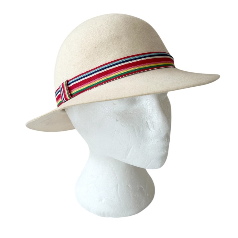 Vintage Doeskin Felt 100% Wool Cream Hat with Multicolor Band